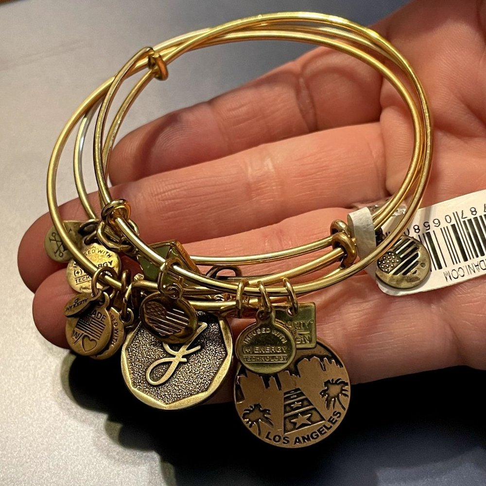 Trio of Alex & Ani Gold Bracelets - Kite, Los Angeles and Letter "J"